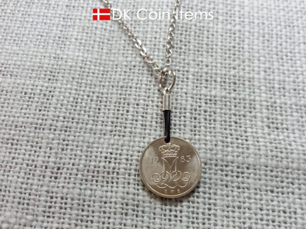 Denmark 1983 coin necklace with 41 year old Crown M initial 10 ore as coin pendant. 41st birthday gift. Danish vintage souvenir