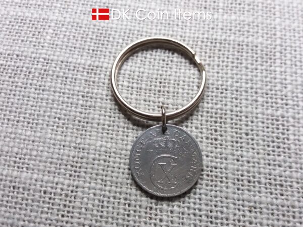 Denmark 1943 coin keychain with 81 year old Crown C initial 2 ore as coin pendant. 81st birthday gift. Antique Danish vintage souvenir gift