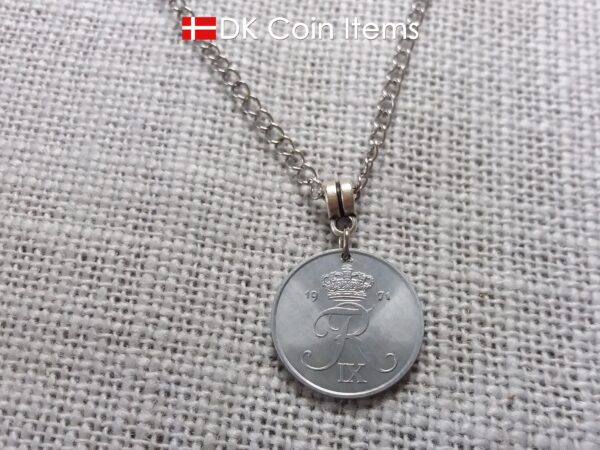 1971 coin necklace with 54 year old Crown R initial 2 ore from Denmark as coin pendant. 53rd birthday gift. Danish vintage souvenir