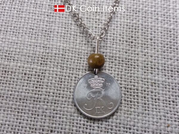 Crown R initial 1971 coin necklace with 53 year old 2 ore from Denmark as coin pendant. 53rd birthday gift. Danish vintage souvenir