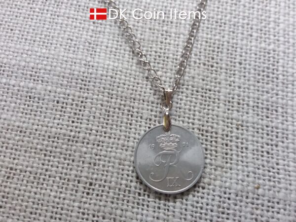 1971 Crown R coin pendant necklace with 53 year old 2 ore from Denmark. 53rd birthday gift. 2nd anniversary gift. Danish vintage souvenir