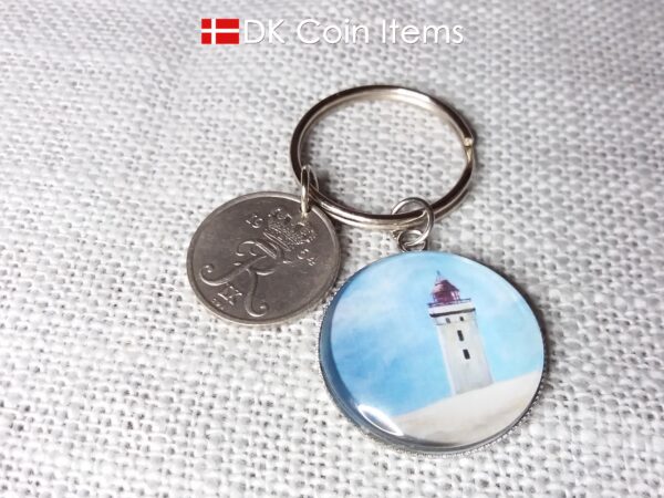 Denmark 1964 coin keychain with 55 year old Crown R 25 ore coin and Rubjerg Knude Lighthouse painting pendant. Danish vintage souvenir gift