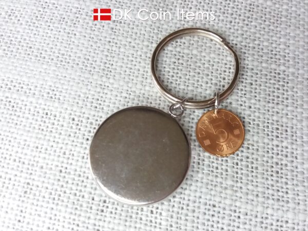 Denmark 1973 coin keychain with 51 year old Crown M 5 ore coin and Stone Age Dolmen painting pendant. Danish vintage souvenir gift