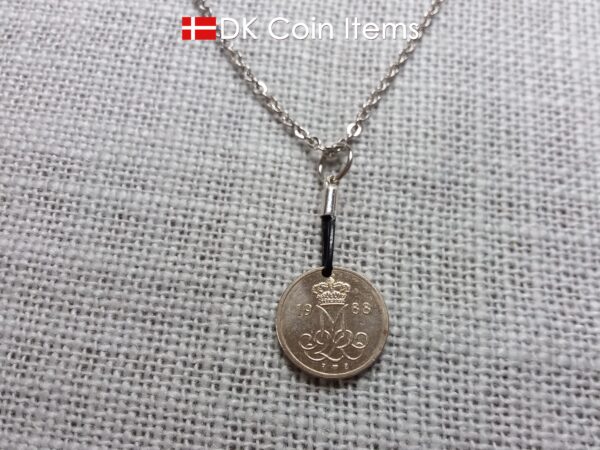 Denmark 1988 coin necklace with 36 year old Crown M initial 10 ore as coin pendant. 36th birthday gift. Danish vintage souvenir