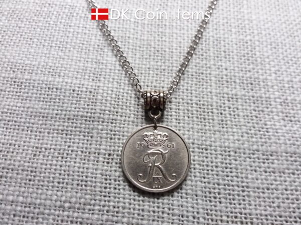 Denmark 1961 coin necklace. 63 year old Crown R initial 25 ore as coin pendant. 63rd birthday gift. Danish vintage souvenir