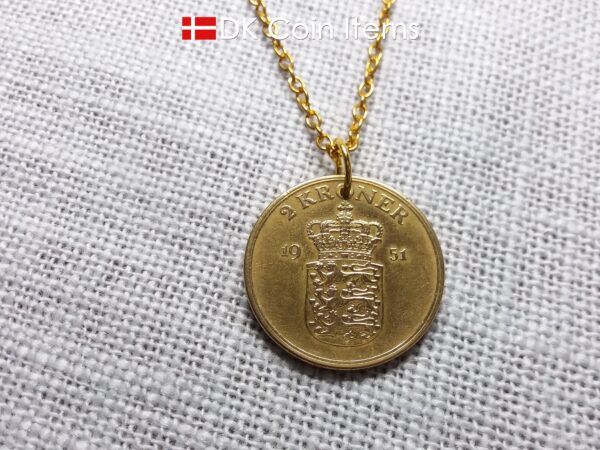 Denmark 1951 coin necklace with 73 year old golden Coat of Arms coin pendant with Royal Crown 2 krone. 73rd birthday gift. Vintage souvenir