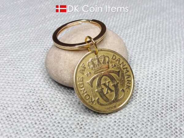 Crown C-initial coin keychain with golden 98 year old 1926 2 kroner from Denmark as coin pendant. Antique Danish vintage souvenir gift