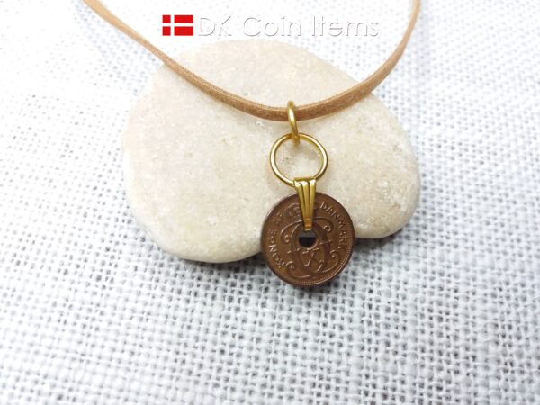 Denmark 1930 coin necklace. Crowned C-monogram 1 ore coin.