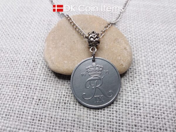 Denmark 1959 coin necklace - 65 year old 5 ore with letter R initial - 65th birthday gift - Danish souvenir - Cord/chain options