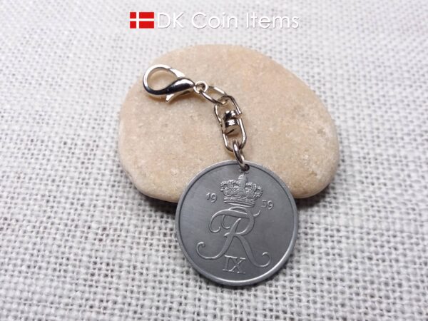 Denmark 1959 R-initial coin charm with 65 year old 5 ore as coin pendant on swivel unit and 18mm lobster claw clasp