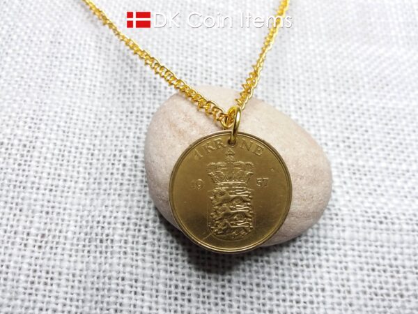 Denmark 1957 coin pendant necklace with golden 67 year old vintage 1 krone. Cord/Chain options