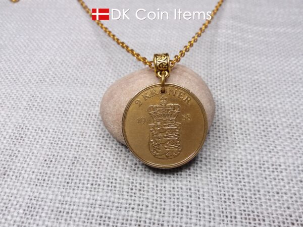 Denmark 1958 coin necklace with golden 66 year old vintage 2 kroner as coin pendant on bail. Cord/Chain options