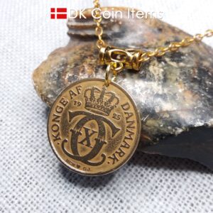 Denmark 1925 Crown C-initial coin necklace with golden 99 year old vintage 2 kroner as coin pendant. Cord/Chain options