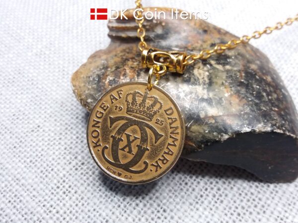 Denmark 1925 Crown C-initial coin necklace with golden 99 year old vintage 2 kroner as coin pendant. Cord/Chain options