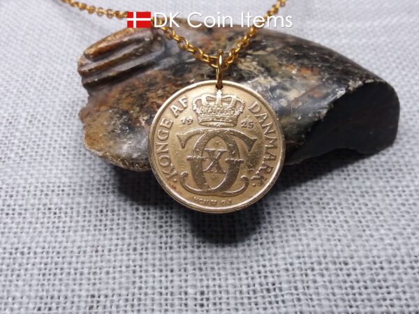 Denmark 1925 Crown C-initial coin pendant necklace with golden 99 year old vintage 2 kroner. Cord/Chain options