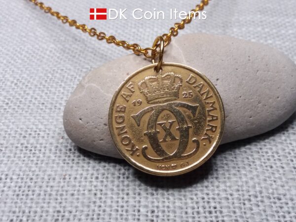 Denmark 1925 Crown C-initial coin pendant necklace with 99 year old golden vintage 2 kroner. Cord/Chain options