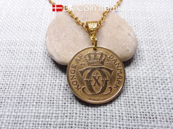 Denmark 1925 Crown C-initial coin necklace with 99 year old golden vintage 2 kroner as coin pendant. Cord/Chain options