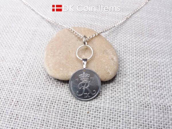 Denmark 1970 R-initial coin necklace with 54 year old 2 ore as coin pendant on silver plated snap lock and rings