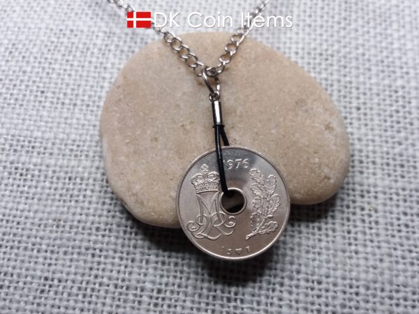 Denmark 1976 M-initial coin necklace with 48 year old 25 ore as coin pendant on black cowhide leather string