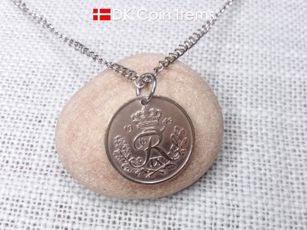 Denmark 1949 R-initial coin necklace with 75 year old vintage 25 ore as coin pendant. Cord/Chain options