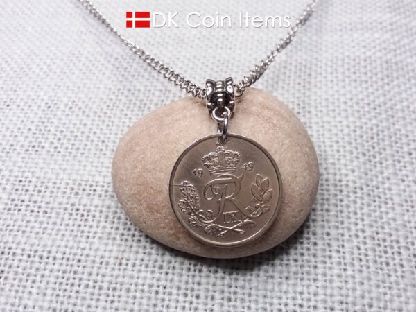 Denmark 1949 R-initial coin necklace with 75 year old vintage 25 ore as coin pendant on bail. Cord/Chain options