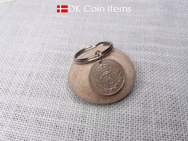 Denmark 1951 R-initial coin keychain with 73 year old vintage 25 ore as coin pendant on 30mm keyring