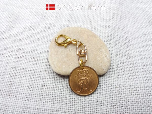 Denmark 1964 R-initial coin charm with 60 year old vintage 5 ore coin pendant on swivel and lobster claw clasp. 60th birthday gift