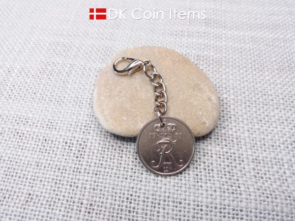 Denmark 1961 R-initial coin charm with 63 year old 25 ore as coin pendant on chain and 18mm lobster claw clasp