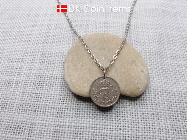 Denmark 1948 R-initial coin pendant necklace with 76 year old vintage 10 ore. 76th birthday gift. 10th anniversary gift. Cord/Chain options