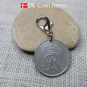 Denmark 1962 R-initial coin charm - 62 year old vintage 5 ore coin pendant on lobster claw clasp - 62nd birthday gift - 5th anniversary gift