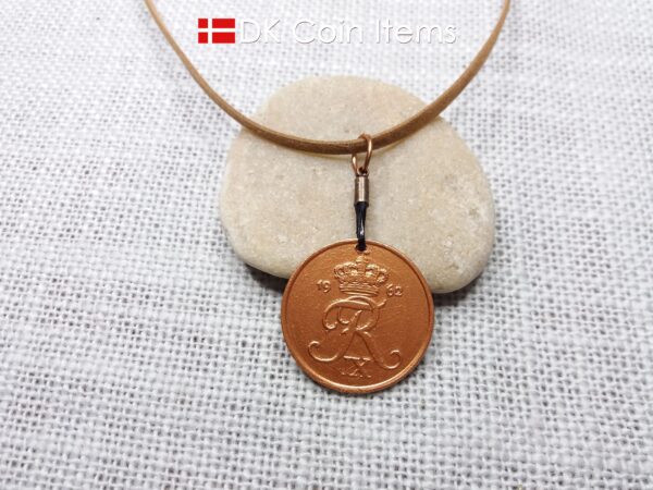 Denmark 1962 R-initial coin necklace - 62 year old copper painted vintage 5 ore coin pendant - 62nd birthday gift - Cord/chain options