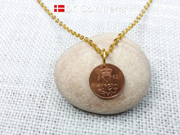 Denmark 1982 M-initial coin pendant necklace with 42 year old vintage copper 5 ore. 42nd birthday gift. 5th anniversary. Danish souvenir