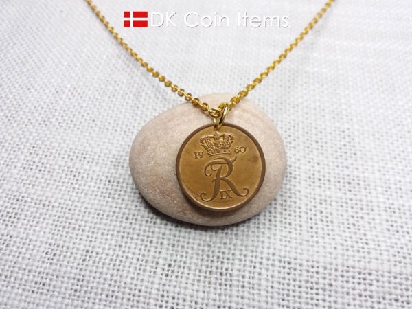 Denmark 1960 R-initial coin pendant necklace with 64 year old vintage 5 ore. 64th birthday gift. 5th anniversary gift. Danish souvenir