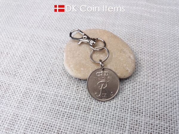 Denmark 1961 R-initial coin charm with 63 year old 25 ore as coin pendant on infinity ring and trigger clip