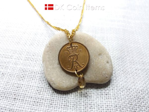 Denmark 1966 R-initial coin necklace - 58 year old vintage 5 ore with bead. 58th birthday gift. 5th anniversary gift. Danish souvenir