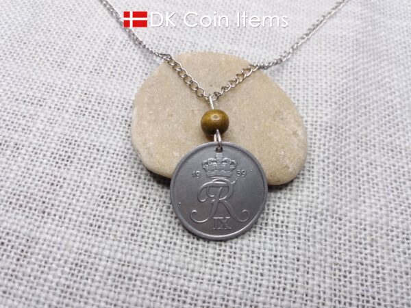 Denmark 1959 coin necklace - Crowned letter R initial on 65 year old 5 ore - 65th birthday gift - Danish souvenir - Cord/chain options