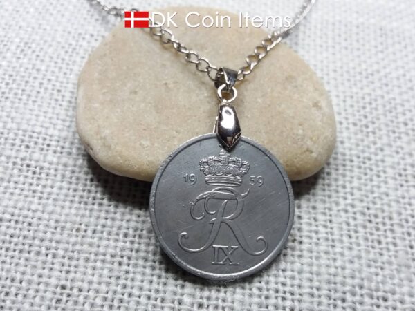 Denmark 1959 coin necklace - Letter R initial on 65 year old 5 ore - 65th birthday gift - Danish souvenir - Cord/chain options