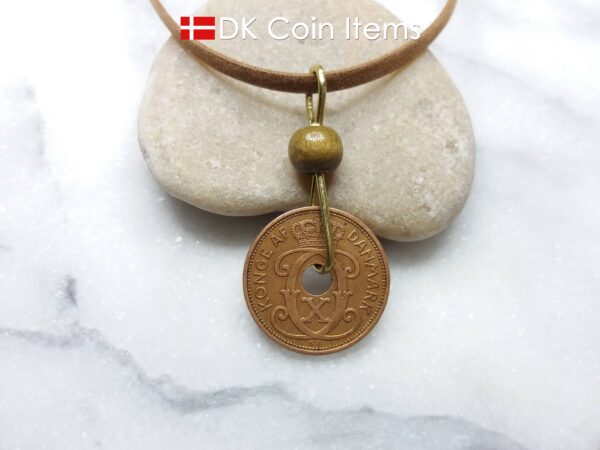 Denmark 1938 coin necklace - Crowned letter C initial on 86 year old 2 ore - Antique Danish souvenir - 86th birthday gift. Cord/chain option