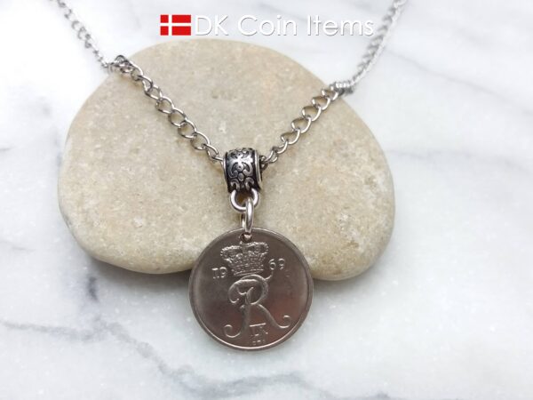 Denmark 1969 coin necklace - Crowned Letter R initial on 55 year old 10 ore - 55th birthday gift - Danish souvenir - Cord/chain options