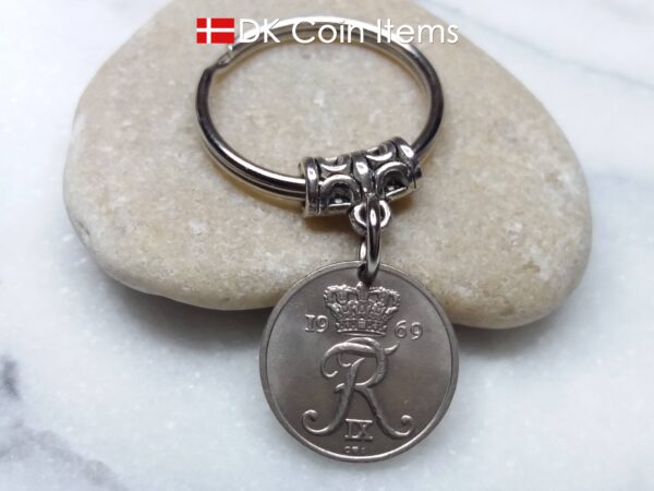 Denmark 1969 coin keychain - Crowned Letter R initial on 55 year old 10 ore - 55th birthday gift - 10th anniversary gift - Danish souvenir