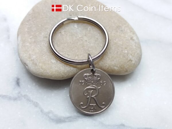 Denmark 1969 coin keychain - 55 year old Letter R initial 10 ore on 25mm keyring - 55th birthday gift - 10th anniversary - Danish souvenir