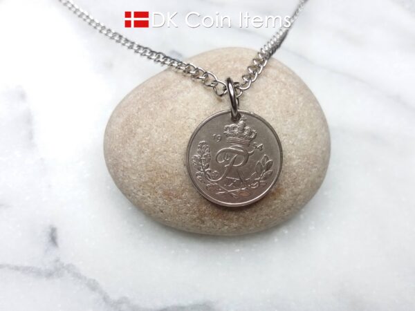 Denmark 1954 coin necklace - 70 year old Crowned Letter R initial 10 ore - 70th birthday gift - Danish souvenir - Cord/chain options