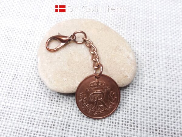 Denmark 1950 R-initial coin pendant charm with 74 year old decoratively copper plated 25 ore and chain plus 18mm lobster claw clasp