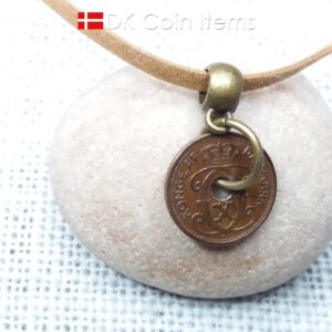 Denmark 1929 coin necklace - Crowned letter C initial on 95 year old 1 ore - Antique Danish souvenir gift - Cord/chain options