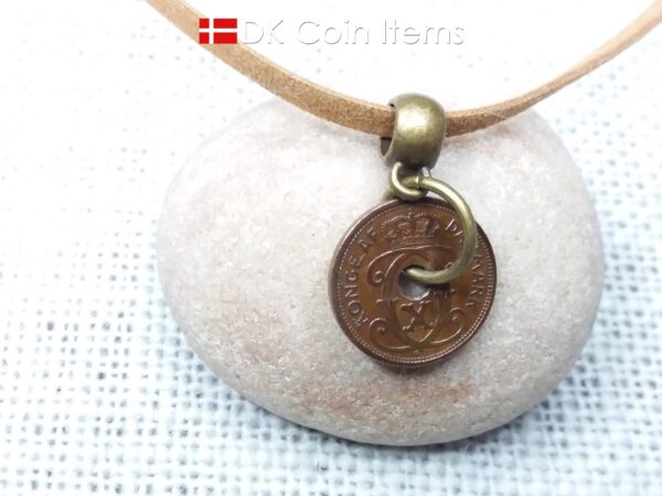 Denmark 1929 coin necklace - Crowned letter C initial on 95 year old 1 ore - Antique Danish souvenir gift - Cord/chain options