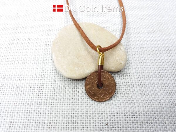 Denmark 1931 coin necklace - Crowned letter C initial on 93 year old 2 ore - Antique Danish souvenir - 93rd birthday gift. Cord/chain option