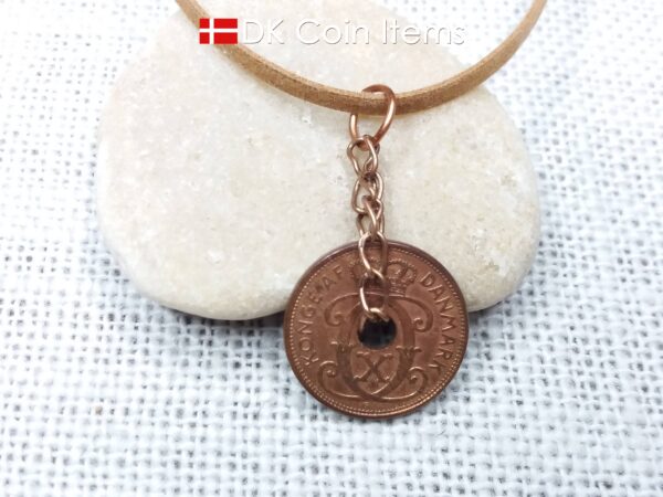 Denmark 1937 coin necklace - Crowned letter C initial on 87 year old 2 ore - Antique Danish souvenir - 87th birthday gift. Cord/chain option