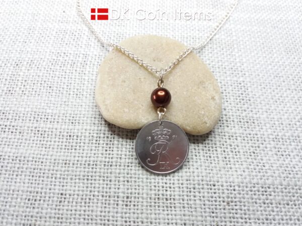 Denmark 1971 coin necklace - 53 year old Crowned Letter R initial 2 ore - 53rd birthday gift - Danish souvenir - Cord/chain options