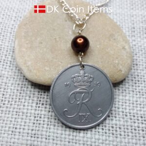 Denmark 1959 coin necklace - 65 year old 5 ore - Crowned Letter R initial - 65th birthday gift - Danish souvenir - Cord/chain options