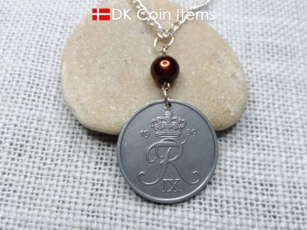 Denmark 1959 coin necklace - 65 year old 5 ore - Crowned Letter R initial - 65th birthday gift - Danish souvenir - Cord/chain options